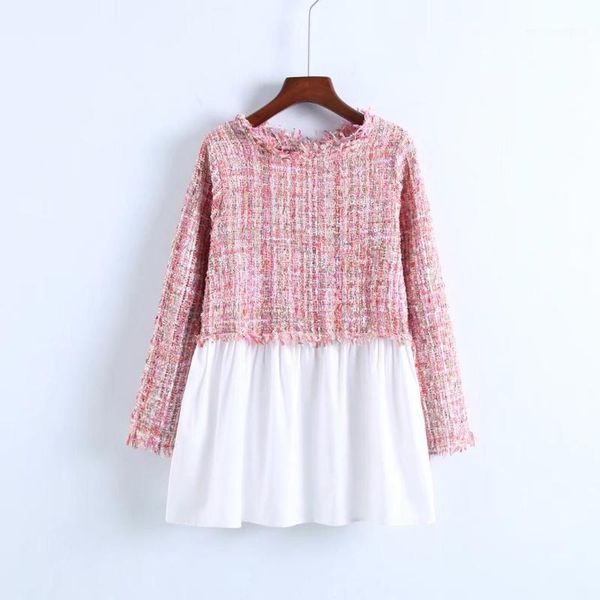 

women's blouses & shirts 2021 autumn women casual colorblock shirt tweed multicolor blouse spring round neck long sleeve shirt1, White