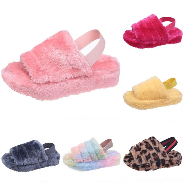 

1tf shoes rubber open toe slippers fur flip flops luxury slides hawaiian female woman's low plush flat slipper plush designer flock new, Black