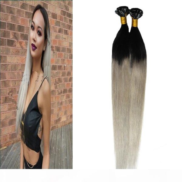 

t1b silver gray hair extensions 100s human hair fusion extensions u tip 100g straight pre bonded ombre hair extensions keratin, Black