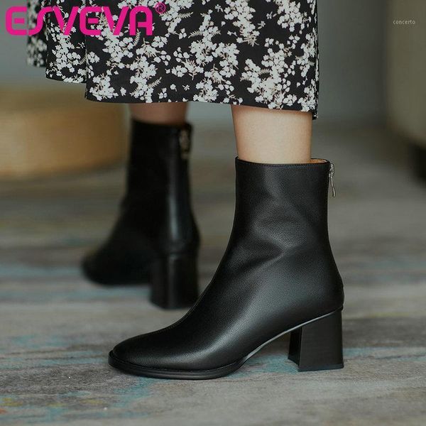 

esveva 2021 cow leather+pu ankle boots zipper autumn winter ladies round toe square high heel women shoes size 34-401, Black