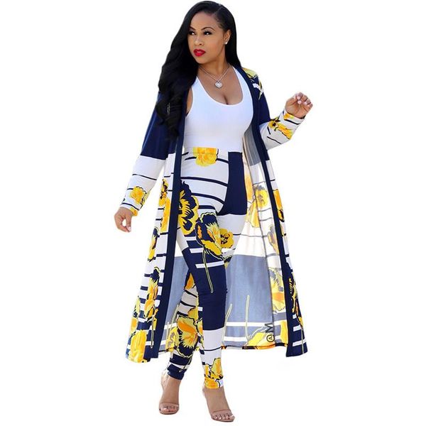 

two piece set and pants women spring autumn long sleeve x-long duster coat and pants print flower casual 2 piece outfits, Gray