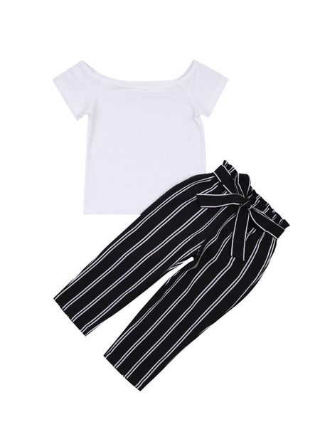

2021 kids girl 2pcs clothes set, solid color short sleeve t-shirt with striped casual waistband long pants for summer 2-7y, White