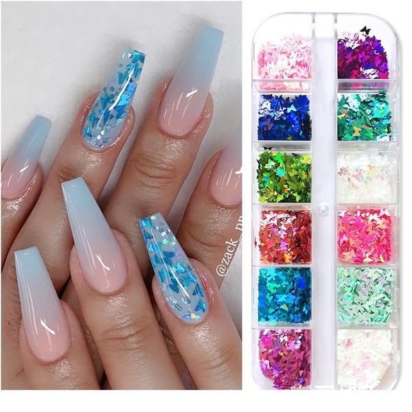

12grids/box fluorescence nail art colorful flakes butterfly/love/star mix patterns nail sequins decoration flames design jllcau, Silver;gold