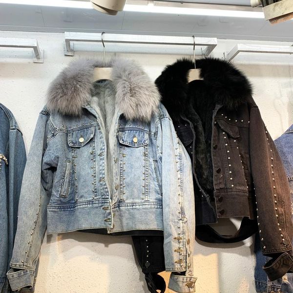 

autumn winter jacket women denim jacket removable real fur liner warm jeans parker real fur collar short women coat, Black