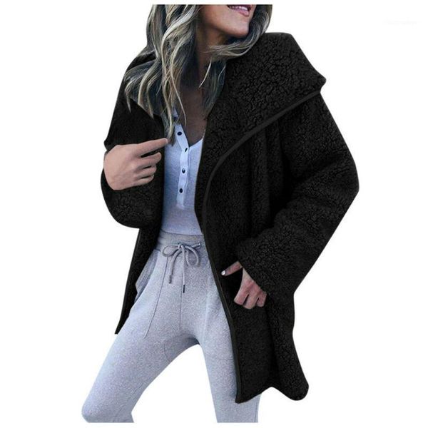 

winter women teddy bear fluffy fleece long coat jacket warm turn-down collar outwear, Black;brown