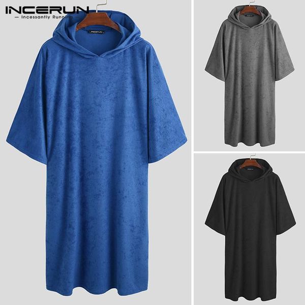 

men bathrobes solid hooded half sleeve leisure towel robes comfortable homewear mens nightgown bathrobes poncho incerun s-5xl, Black;brown