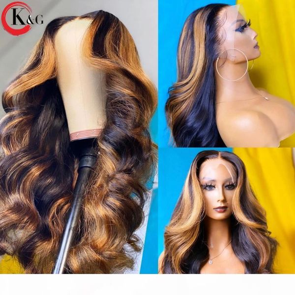 

kungang highlight t-part middle part lace front human hair wigs wave 150% density lace wigs with baby hair ratio non-remy, Black;brown