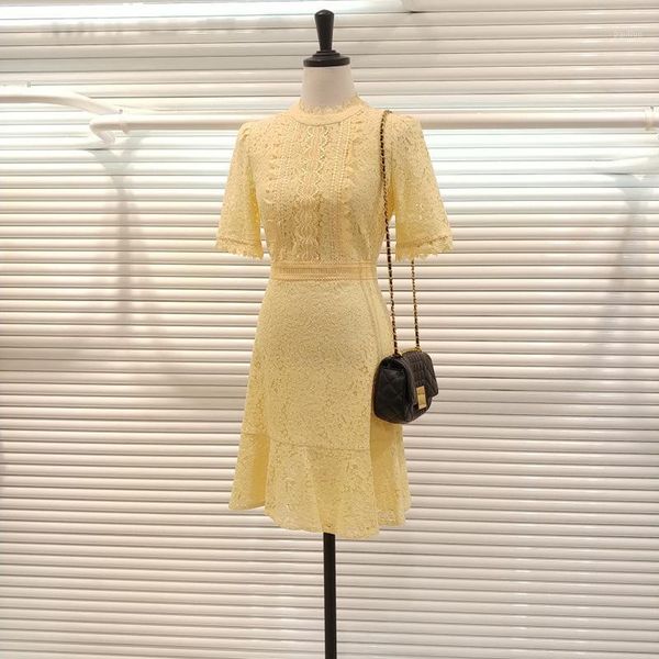 

korean fashion dress 2020 new summer short sleeve lace hollow temperament female dress solid high waist ruffles womens b5261, Black;gray