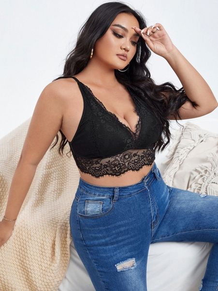 

plus floral lace bralette z1i4#, Black;white