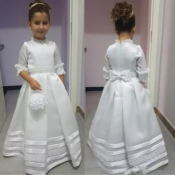 Vintage branco uma linha cetim flor meninas vestidos simples meia manga laço apliques primeiro vestido de comunhão sagrado com laço