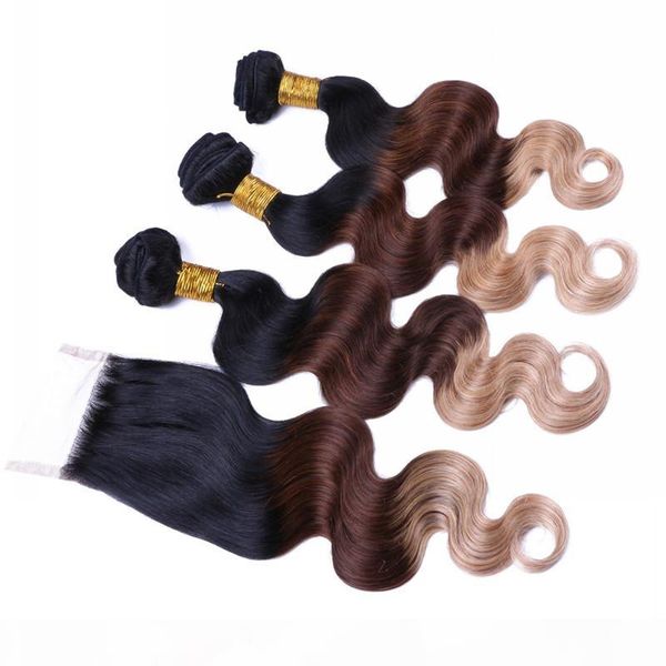 

1b 4 27 honey blonde ombre virgin brazilian human hair weaves with closure body wave 3tone ombre 3bundles with 4x4 lace closure, Black