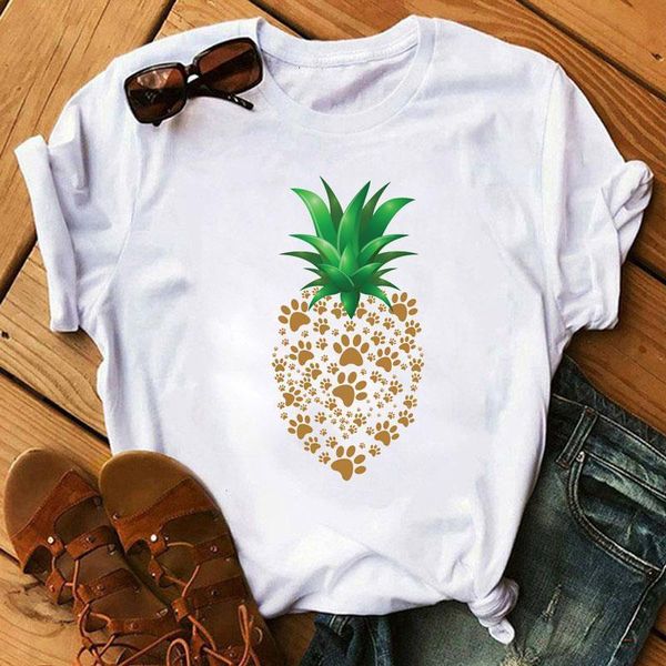 

pineapple dog paws t shirt women tshirt cartoon tee summer female short sleeve tee shirts graphic t-shirt cute tee t-shirt, White