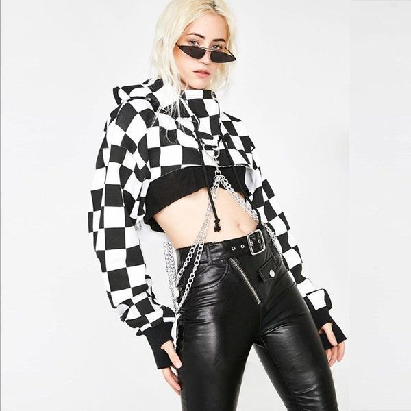 

autumn fall women hip hop cropped hoodies checkered plaids hooded sweatshirt metal chain open chest polerones crop wt17319941, Black