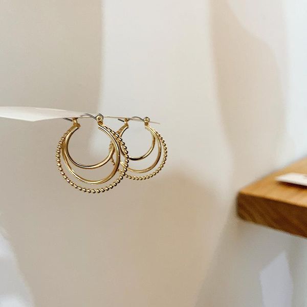 

dangle & chandelier simple design gold copper plated metal geometric double circle winding cross stud earrings for women girl1, Silver