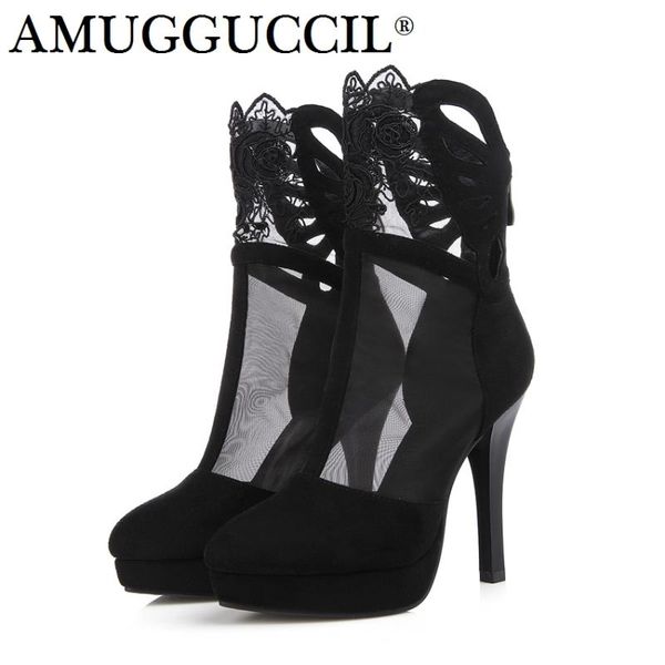 

boots black zip lace fashion high heel platform spring summer girls females ladies women x1696