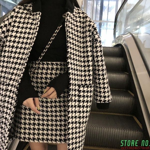 

women's wool & blends black and white houndstooth jacket autumn winter woolen 2021 cashmere stitched nine-quarter sleeves
