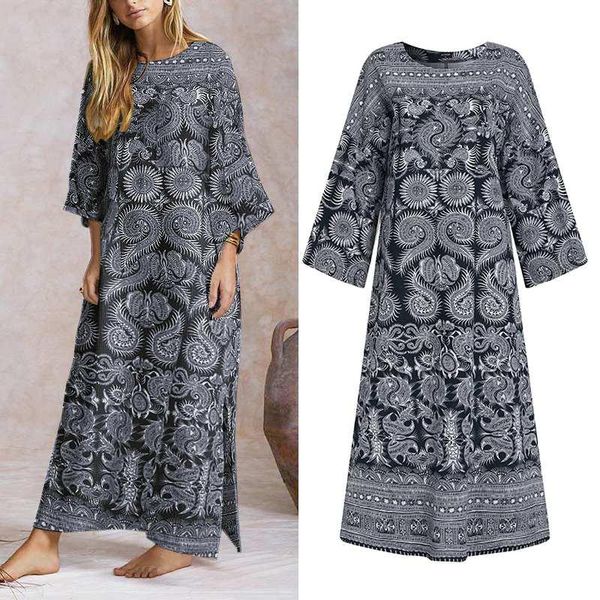 

vonda autumn dresses vintage printed cotton linen robe bohemian long sleeve party vestidos femme beach sundress s-5xl robe, Black;gray