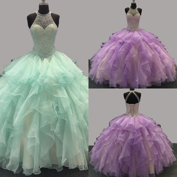 Mintgrünes lila Quinceanera-Kleid, Ballkleid, Sweet-16-Kleider, Organza, gerüschtes Neckholder-Korsett, Perlen, Kristall, offener Rücken, Festzug-Partykleid