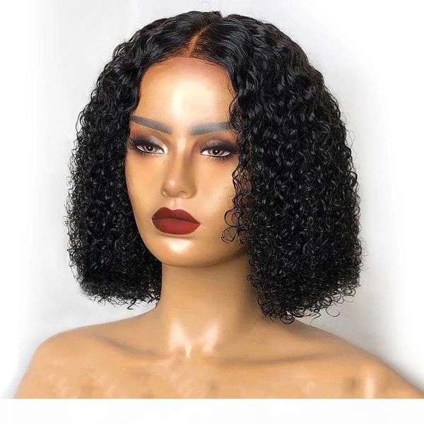 

13x4 lace front bob wigs kinky curly wave brazilian remy human hair natural color deep part t lace wigs for women, Black;brown