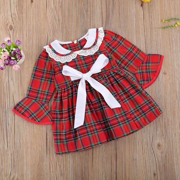

2020 fall fashion cute christmas 1-6y girls party dress plaid print ruffle sleeve lace peter pan collar a-line bow casual dress, Red;yellow