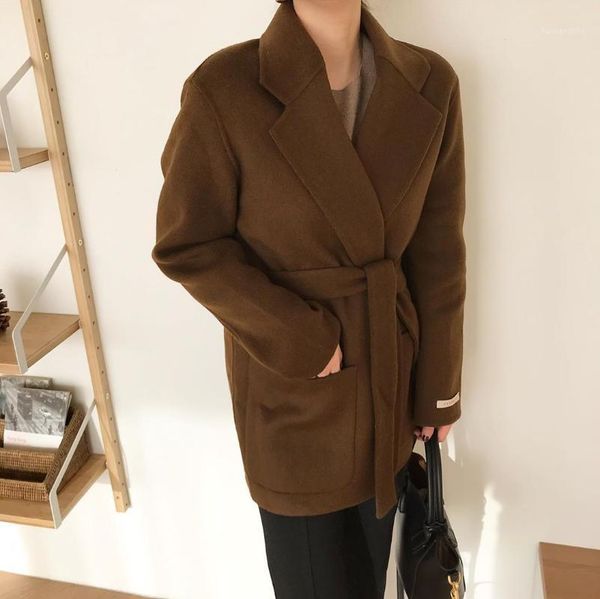 

women elegant swool coat with belt solid color long sleeve chic outerwear ladies overcoat autumn winter 20201, Black