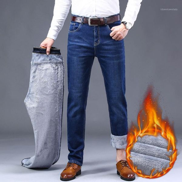 

men's jeans 2021winter men's lamb wool thick warm trousers business casual plus cashmere high-end stretch pants black blue brand1