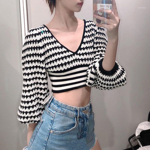 

fashion stripe knitted blouse women v-neck stretch casual shirts female korean loose patchwork loose short blouse1, White