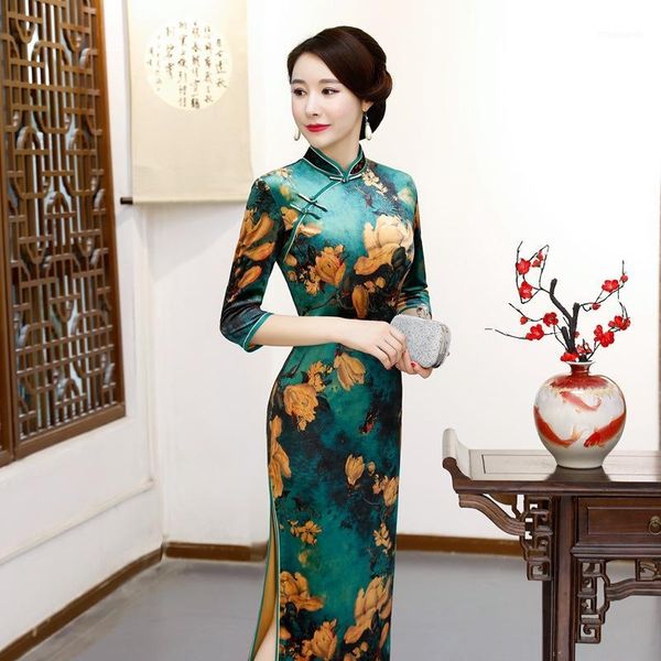 

oversize 4xl velvet floral printed tight slim half sleeve split dress qipao dress mandarin collar qipao1, Red