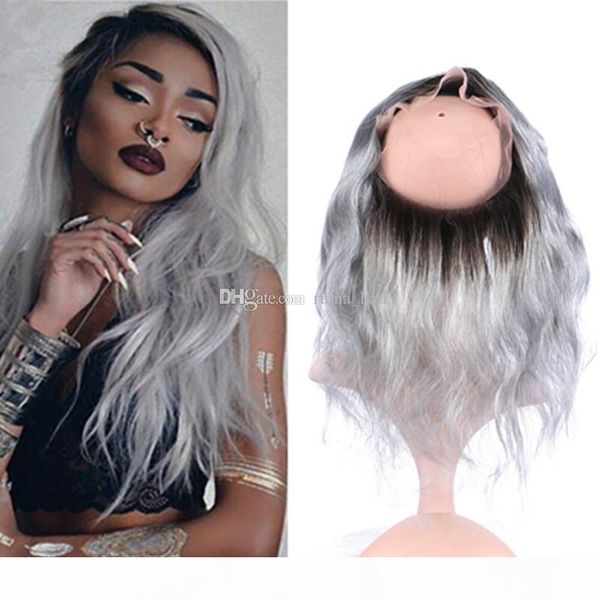 

brazilian hair two tone 1b grey dark root ombre body wave virgin human hair bundles silver grey ombre 360 lace frontal band closure, Black;brown