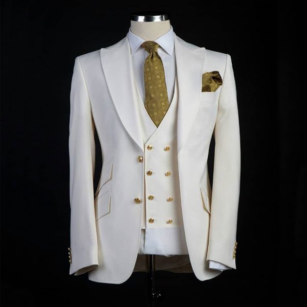 Tailor feita fita fita machos fatos para o noivo do casamento smoking 3 peça jaqueta de marfim de lapela pico com calças colete masculino moda 201106