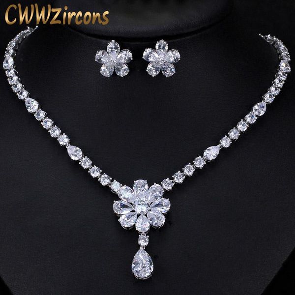 

cwwzircons bridal wedding party jewelry dazzling white cubic zirconia flower necklace earrings sets for women t300, Silver