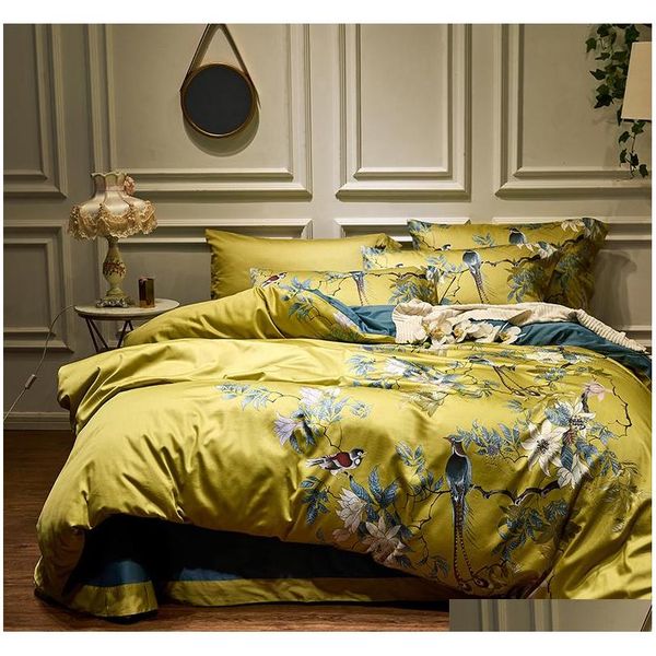 

silky egyptian cotton yellow chinoiserie style birds flowers duvet cover bed sheet fitted sheet set king size  bedding set ah39i