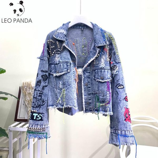 

2020 spring autumn new jeans jacket heavy embroidery letters doodles personality edge hole pin short denim jacket1, Black;brown