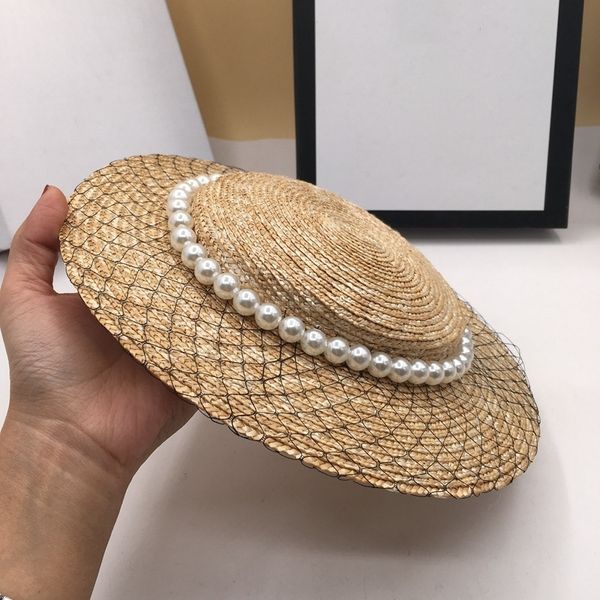 

straw ladies pearl mesh decoration straw hats retro tide beach sun shade womens summer caps gril fashion elegante wide brim hat y200714, Blue;gray