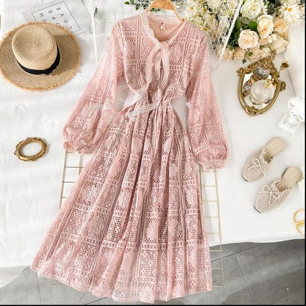 

2021 spring pink party dress women high bow long sleeve sweet lace dress elegant lady a line long dresses vestidos, Black;gray