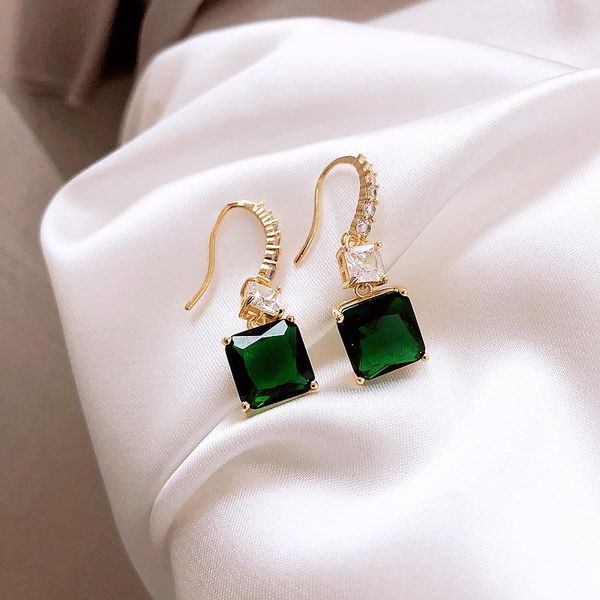 

stud korea fashion jewelry light luxury square green crystal earrings for woman elegant retro shiny baroque earring, Golden;silver