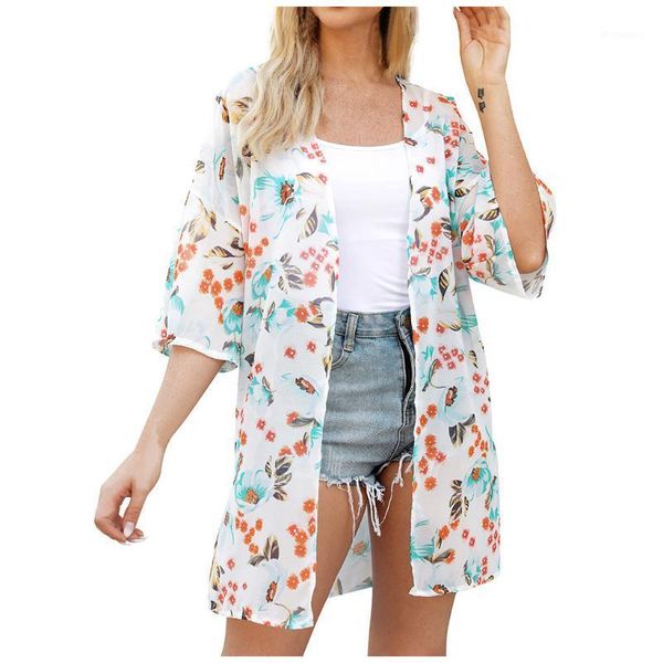 

kimono cardigan women long chiffon floral print kimono mujer kimonos plus size blouse 2020 summer beach harajuku femininas1, White
