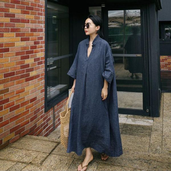 

2021 autumn new linen plus size women dresses casual korean loose v-neck three quarter sleeve solid color dress, Black;gray