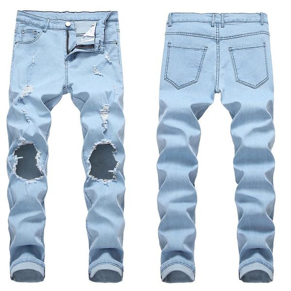 

men's jeans stretch high waist ripped male korean loose straight leg trend wild harem pants long, Blue