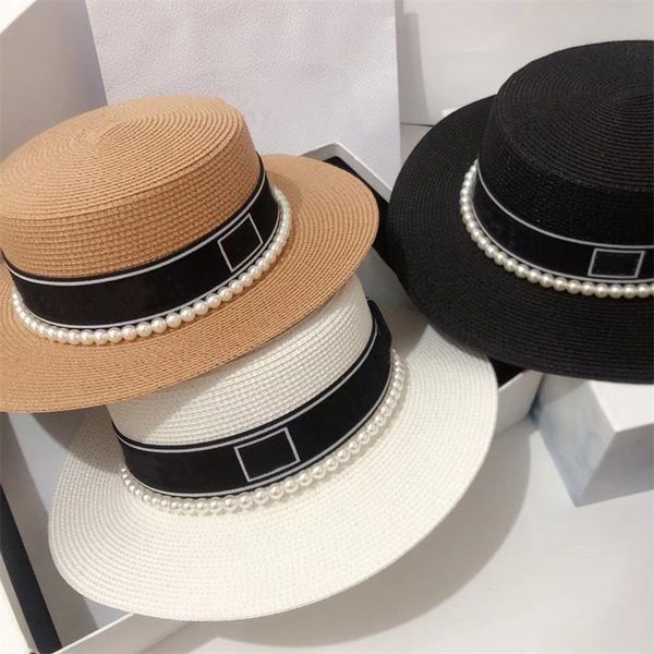 

summer hats sun beach ladies fashion flat brom bowknot panama lady casual sun hat for women straw with pearl, Black;white