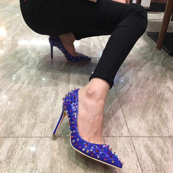 

women rivet patent leather pumps luxury blue pointed toe high heels(10cm) wedding shoes for women . ty-109, Black