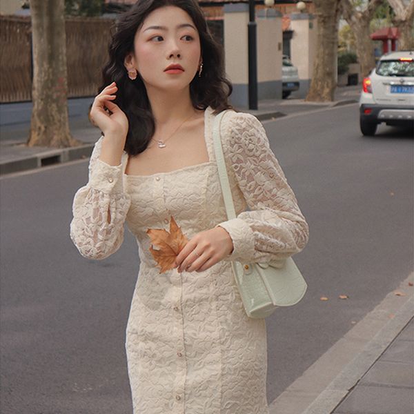 

2021 new lace long sleeve trumpet winter elegant women cheongsam dress spring wedding party one-piece clothing ladies 1g4y, Black;gray
