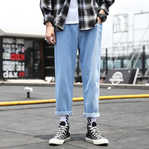 

new fashion jeans men oversize loose stylish ankle-length casual korean style all-match straight chic streetwear mens trousers1, Blue
