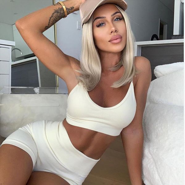 

two piece set women fitness tracksuit crop bra bustiers tank vest high waist shorts pants summer clothes for women 2020, Gray