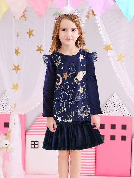 

girls unicorn & slogan graphic contrast mesh ruffle hem dress she, Red;yellow