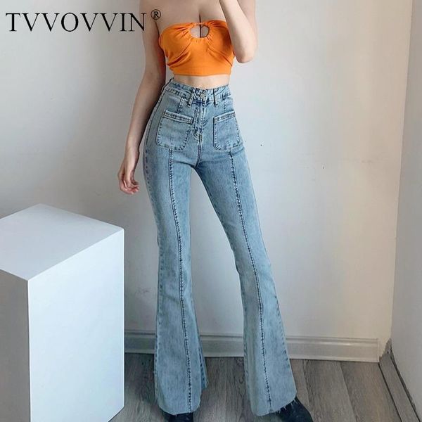 

tvvovvin vintage high waist fold spliced flare pants jeans straight denim trousers fashion women girl female e4d3, Blue