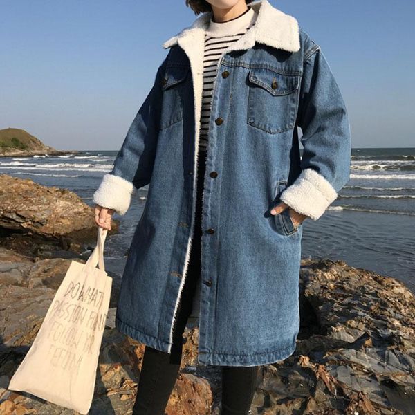 

superaen winter coat women single breasted denim jacket loose bf retro thickened lamb wool cotton, Black