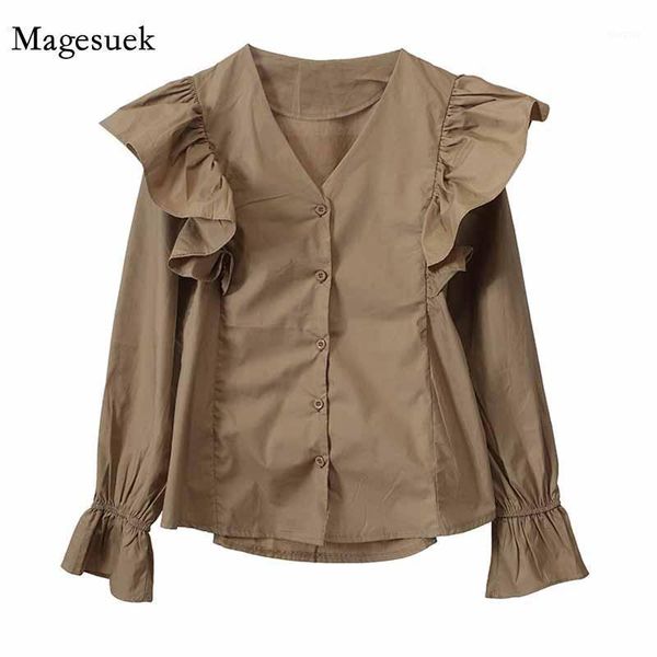 

women autumn flare sleeve solid white korean style splicing shirts ruffled v-neck cardigan 2020 new fashion blouse 122931