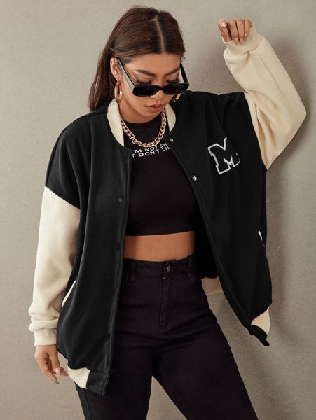 

plus letter patched color block drop shoulder bomber jacket n8w6#, Black