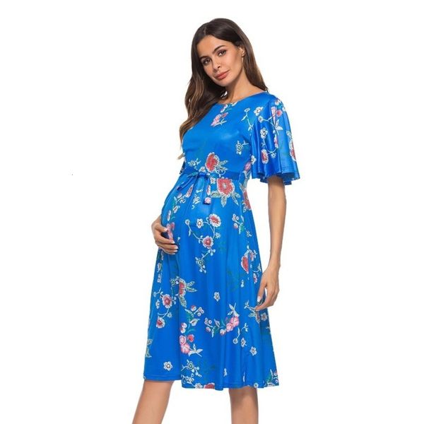 

maternity new sleeve floral dress short lq63080 with natural color belt, Black;gray